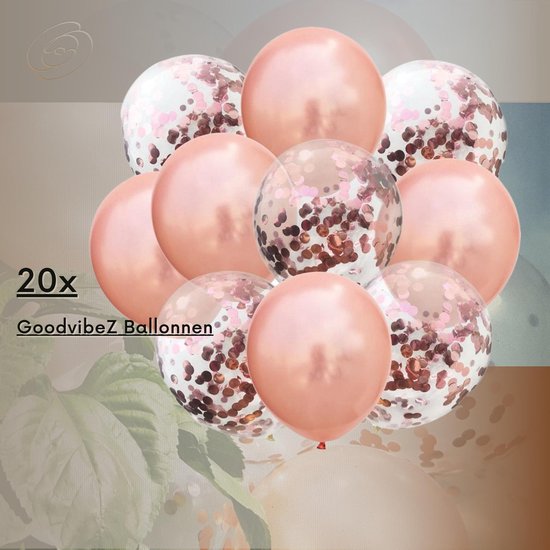 20 x mix helium ballonnen | 10x rose goud / 10x rose confetti [ Nu incl. GRATIS GoodvibeZ BLOEMENCLIP ]