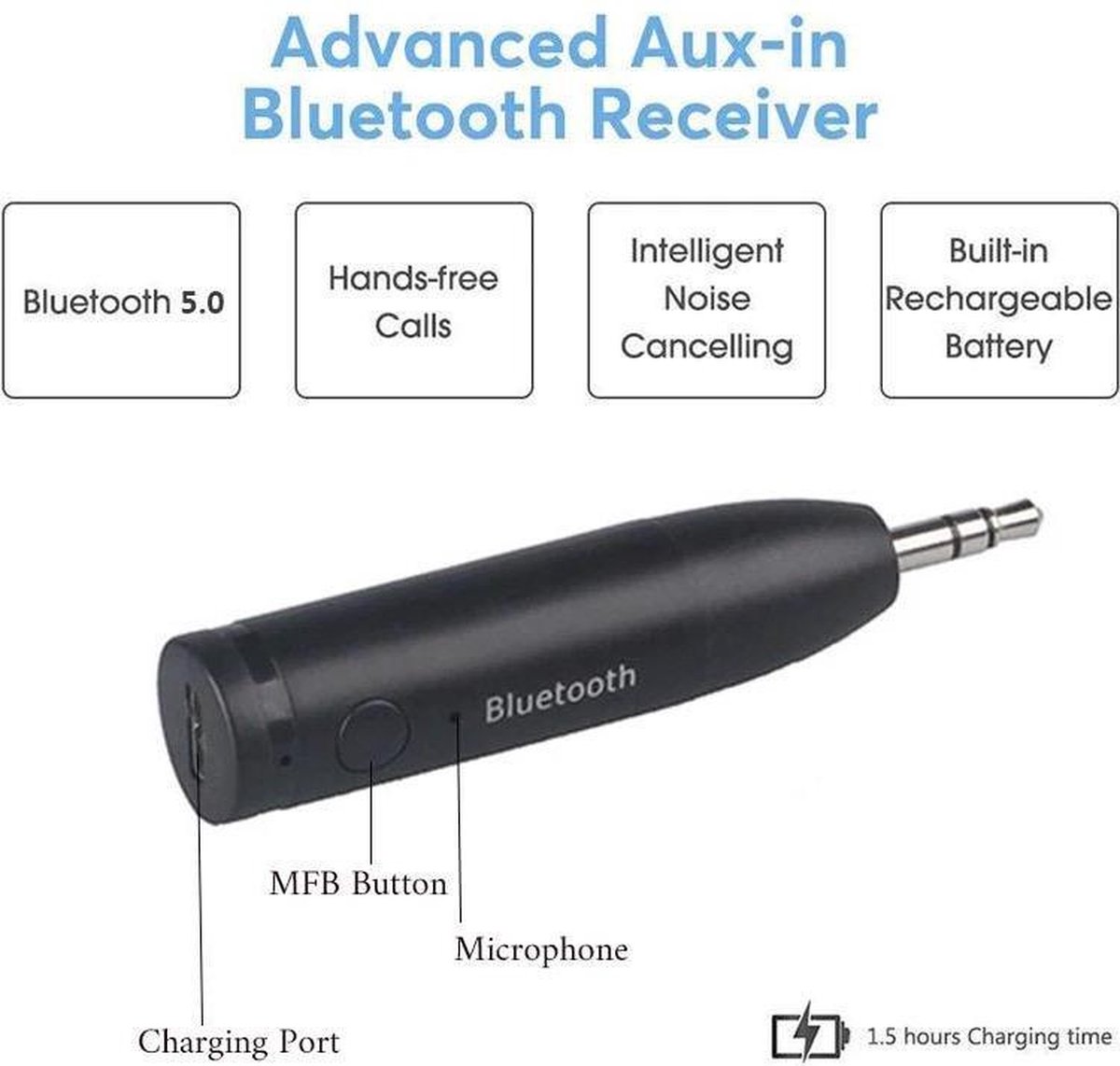 Bluetooth 5.0 Carkit Mini 3.5mm Jack AUX Handsfree Stereo Muziek Audio