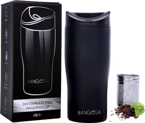 BanGosa® Koffiebeker to go - Thermosbeker - Reisbeker - Travel mug - Theebeker met zeef - RVS 400ml - Mat Zwart