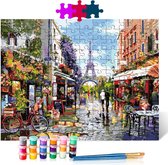 Straat bij Eiffeltoren Parijs - Puzzel Schilderen op nummer - Houten puzzel - 500 stukjes - 38x52 cm