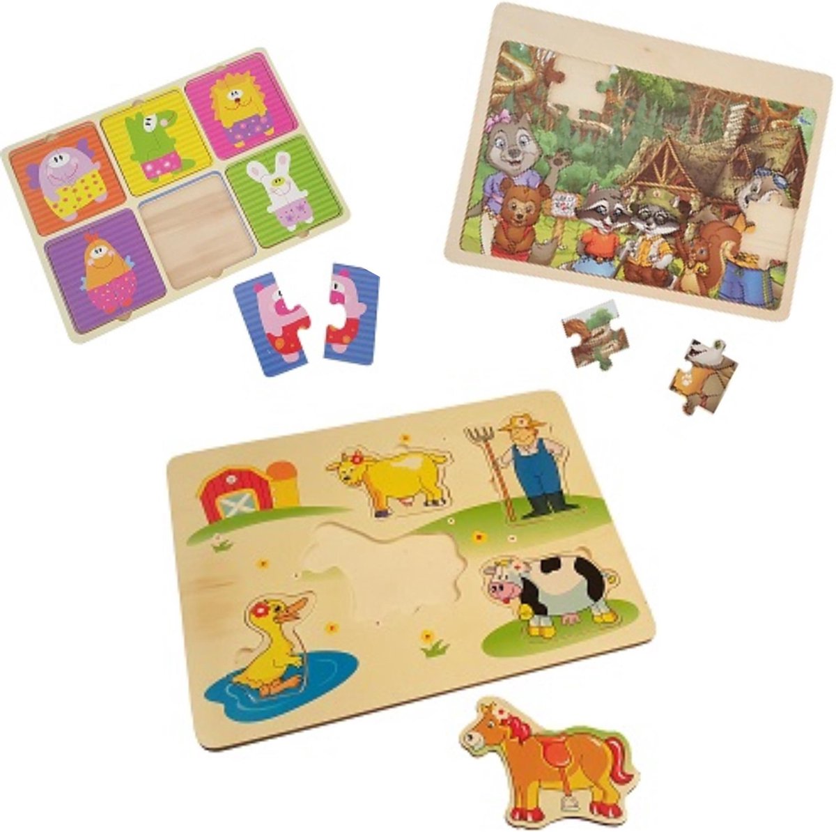 Afbeelding van product Playwood houten legpuzzel Boerderij- pastel dieren en dieren in het bos u krijgt 3 assorti geleverd.