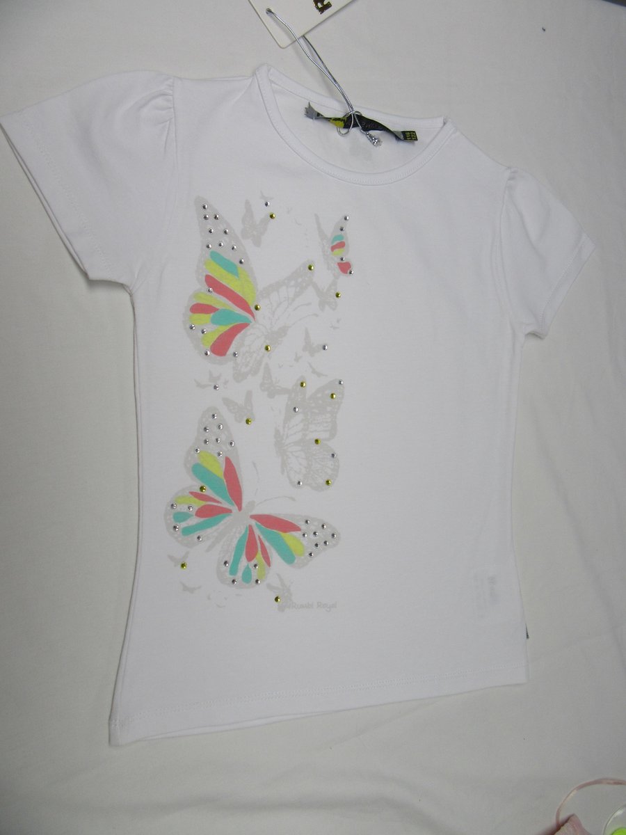 rumbl ,meisje, t-shirt korte mouw , wit vlinders, 116 / 122 - 6 / 7 jaar