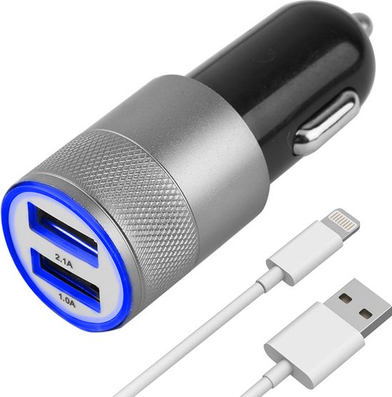 MMOBIEL High speed autolader oplaad adapter met 2 USB poorten 2.1A + 1.0A met een top kwaliteit lightning kabel voor Apple iPhone, iPad en iPod