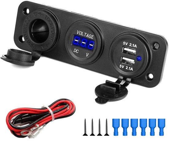 MMOBIEL Universele Waterdichte Drie Gaten Paneel - Duo USB Oplader - inclusief Blauwe LED Indicatie en Sigaret Oplader - Geschikt voor vrijwel ieder Voertuig