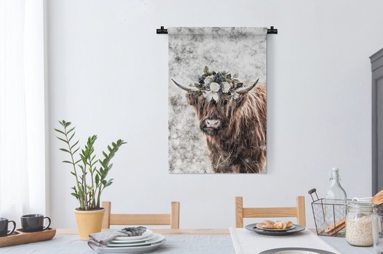 Tapisserie Scottish HighlanderIllustrations de Noël - Highlander écossais avec une couronne de fleurs Tapisserie coton 60x90 cm - Tapisserie avec photo