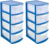 2x stuks ladeblok/bureau organizer met 4x lades blauw/transparant - L39 x B28.5 x H78 cm - Opruimen/opbergen laatjes