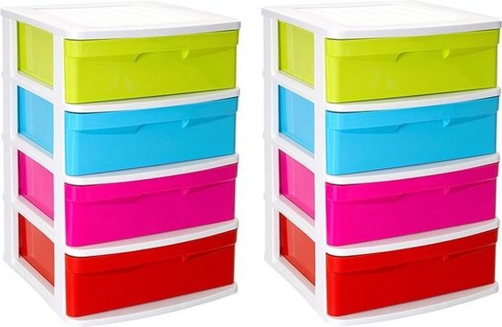 2x caisson/organisateur de bureau avec 4x tiroirs multicolore/blanc - L40 x l39 x H65 cm - Rangement/tiroirs de rangement