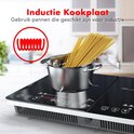 Inductie kookplaat met een pot vol spaghetti. Tekst 'Inductie Kookplaat' en een rode cirkel met een spiraal.