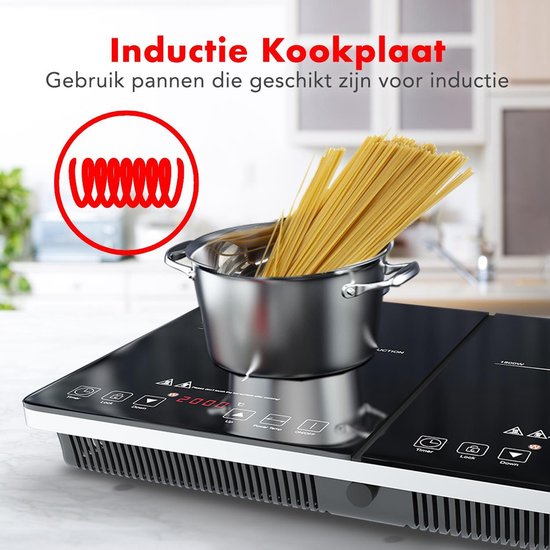 Inductie kookplaat met een pot vol spaghetti. Tekst 'Inductie Kookplaat' en een rode cirkel met een spiraal.