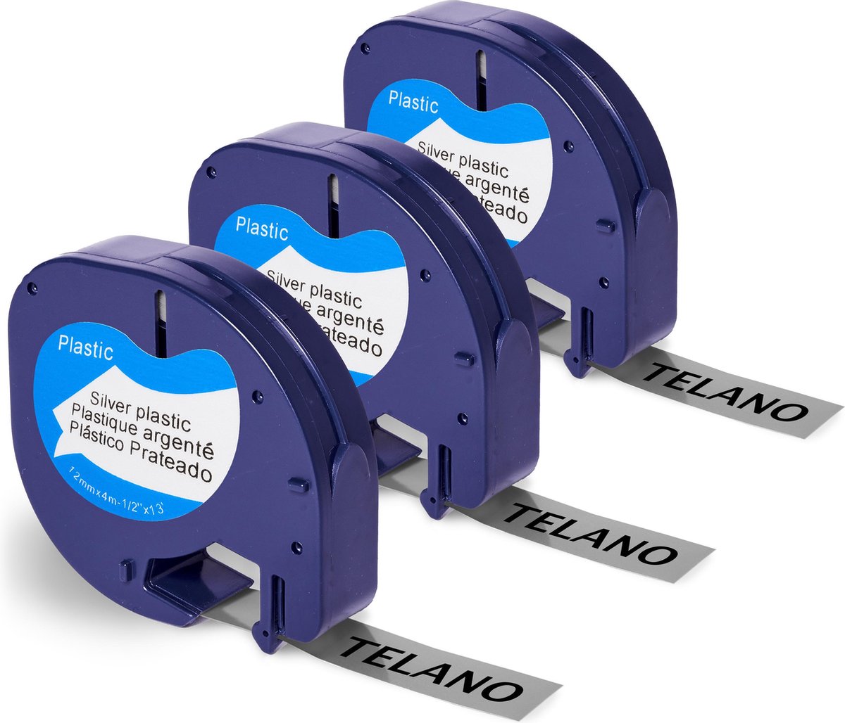 Telano® 3 stuks Plastic Labels Zwart op Zilver voor Dymo LetraTag Labelprinter - Labeltape 91208 - 12 mm x 4 m