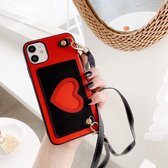 Voor iPhone 11 Pro hartpatroon PU + TPU + pc-hoes met kaartsleuf en schouderriem (rood + zwart)