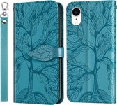Life of Tree Embossing Pattern Horizontale flip lederen hoes met houder & kaartsleuf & portemonnee & fotolijst & lanyard voor iPhone XR (meerblauw)