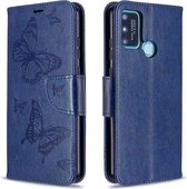 Voor Huawei Honor 9A Twee Vlinders Embossing Patroon Horizontale Flip Leren Case met Houder & Kaartsleuf & Portemonnee & Lanyard (Donkerblauw)