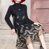 Dames plus-maat geborduurde jurk met lange mouwen (kleur: abrikozenveren maat: M)-Geen