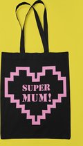 Katoenen tasje zwart met roze opdruk SUPER MUM - cadeau moederdag- voor mama