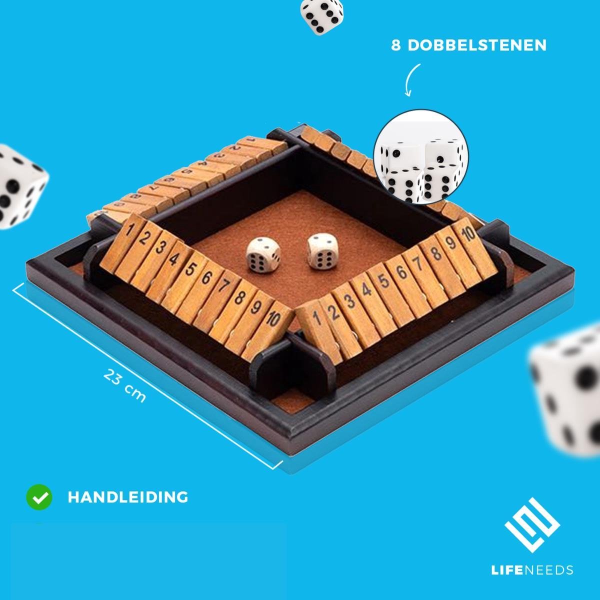 Shut The Box bordspel 4 Spelers Dobbelspel - Bordspellen voor kinderen en volwassenen - Houten Spel - Leerspelletjes - LifeNeeds