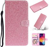 Voor Samsung Galaxy A41 Glitterpoeder Horizontale Flip Leren Case met Kaartsleuven & Houder & Fotolijst & Portemonnee (Roze)