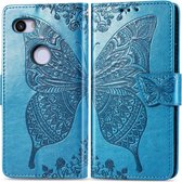 Butterfly Love Flowers Embossing Horizontale Flip Leather Case voor Google Pixel 3A, met houder & kaartsleuven & portemonnee & lanyard (blauw)