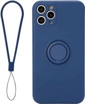 Voor iPhone 11 Pro Max Effen kleur Vloeibaar siliconen Schokbestendig Volledige dekking Beschermhoes met ringhouder en draagkoord (donkerblauw)