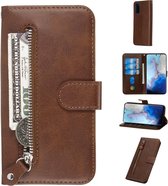 Voor Galaxy S20 Fashion Calf Texture Zipper Horizontal Flip Leather Case met Stand & Card Slots & Wallet-functie (bruin)