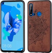 In reliÃ«f gemaakt Mandala-patroon PC + TPU + stoffen telefoonhoes voor Huawei P20 Lite (2019) / Nova 5i, met draagkoord en magnetisch (bruin)