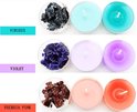 Viridis, violette en fuchsia-roze kaarsen met bijpassende kleurstoffen.