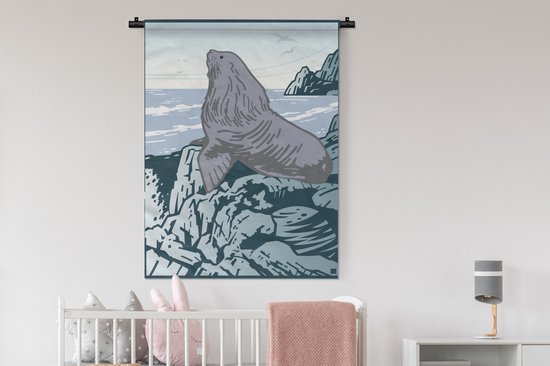 Tapisserie Illustration d'un lion de mer - Une illustration d'un lion de mer sur les rochers Tapisserie en coton 90x120 cm - Tapisserie avec photo