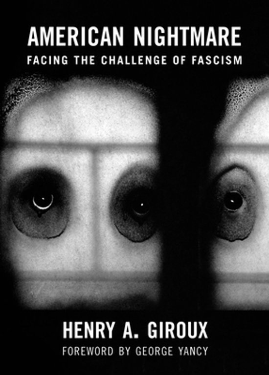 Boekomslag van American Nightmare door Henry A. Giroux, met close-up van vage menselijke ogen achter tralies.