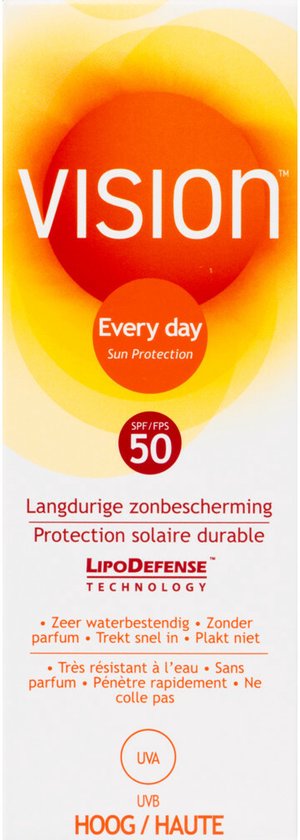Tube met Vision Every Day Sunscreen SPF 50. Langdurige zonnebescherming, zeer waterbestendig, zonder parfum. Franse tekst: Protection solaire durable, sans parfum.