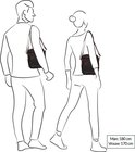 Schematische tekening van een man (180 cm) en vrouw (170 cm) met een donkerbruine schoudertas.