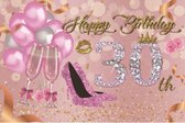 Verjaardag - Versiering - Wanddoek - Banner van Polyester - 150cm (Breed) x 100cm (Hoog) - Vrouw - 30 jaar - Rose pumps - Rose ballonnen - Champagneglazen -