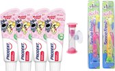 4x  Prodent Woezel & Pip 0-6 jaar tandpasta -2x Sencefresh Tandenborstel - Soft Kids -  en zandloper
