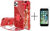 Apple iPhone 8 | iPhone 7 | iPhone SE 2020 | Back Cover Telefoonhoesje | Glitter | met Ring Houder | Rood + 1x screenprotector