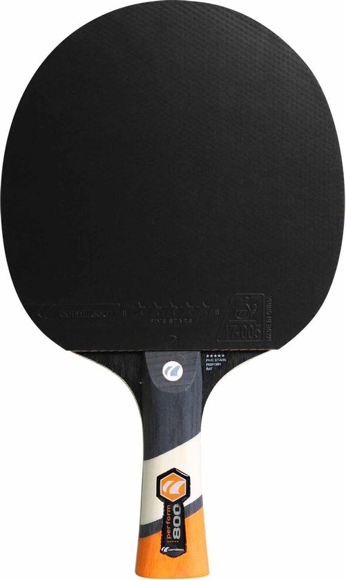 Tafeltennisbat met zwart blad en gestreept handvat: zwart, wit, oranje.