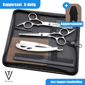 6in1 Professionele Kappersset - Knipschaar - Uitdunschaar - Scheermes - Stylingskam - Leren schoonmaakdoekje - Kappersmantel - Kappershandleiding - Leren Opbergtas