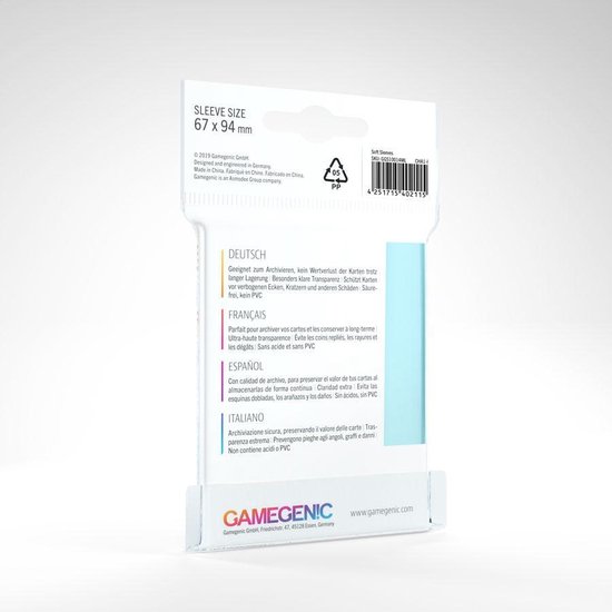 Achterkant van de verpakking Gamegenic soft sleeves met informatie in het Duits, Frans, Spaans en Italiaans.