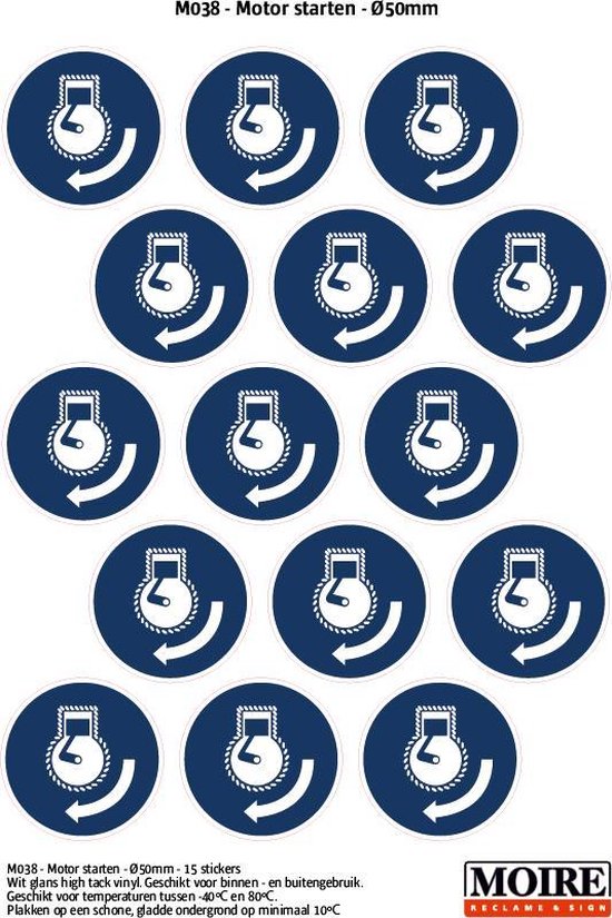 Pictogram sticker 75 stuks M038 - Motor starten - 50 x 50 mm - 15 stickers op 1 vel