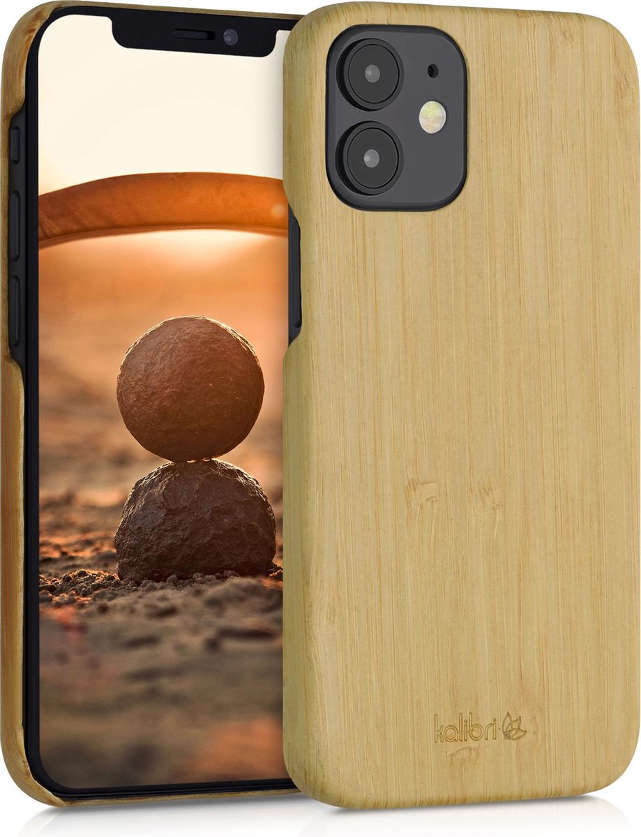 kalibri hoesje geschikt voor Apple iPhone 12 mini - Beschermende telefoonhoes van hout - Slank smartphonehoesje in lichtbruin