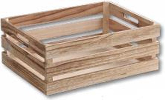 Houten kist van Paulownia hout, 40x30x15cm, met open zijkanten en handvatten.