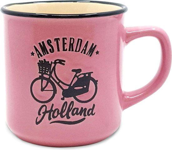 Roze mok met opdruk 'Amsterdam Holland' en een fiets met mandje.