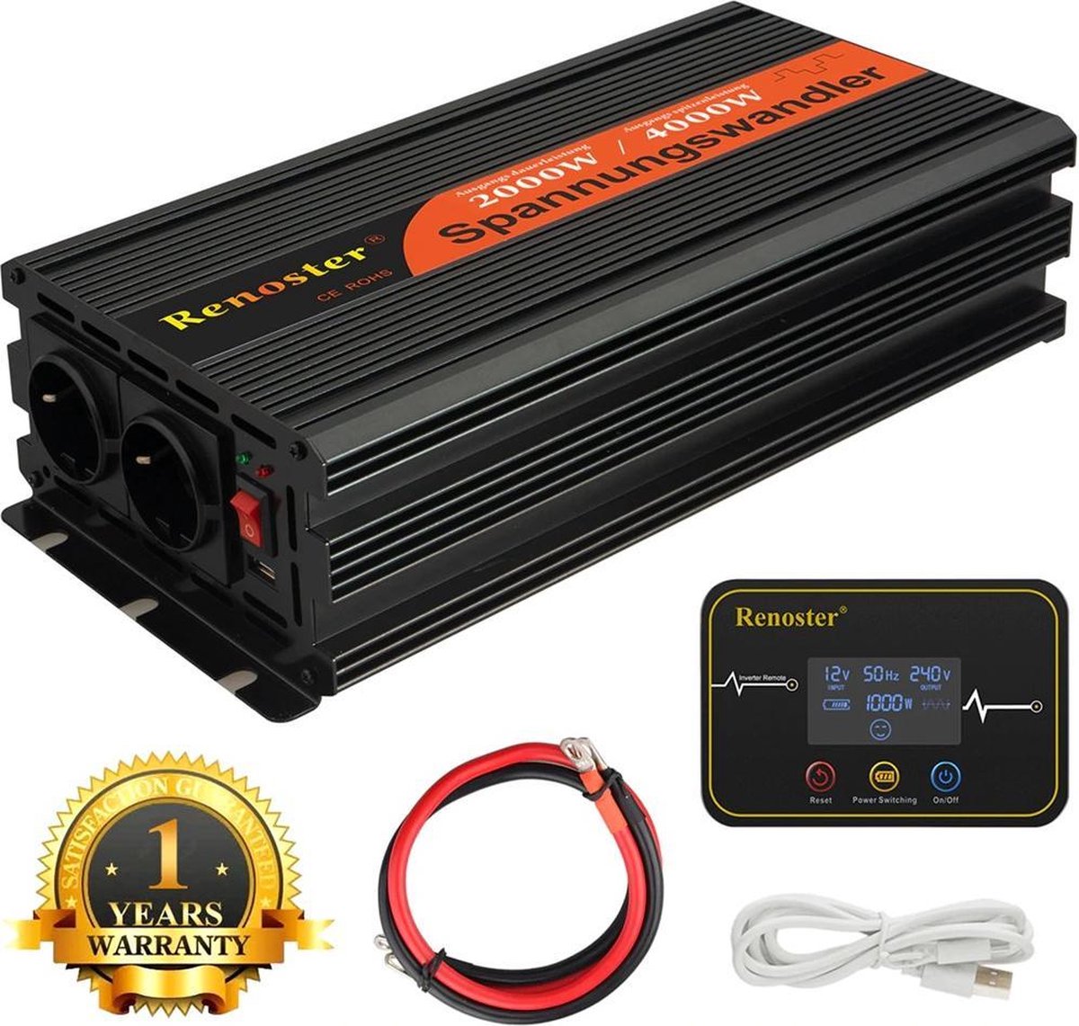 Renoster 12V Zuivere Sinus Omvormer - 2x Stopcontact - 1x USB - 1500W/3000W + Draadloze Afstandsbed