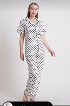 Katoen 3 -Delige Dames Pyjama Set Witte /Zwart Stippen Maat M