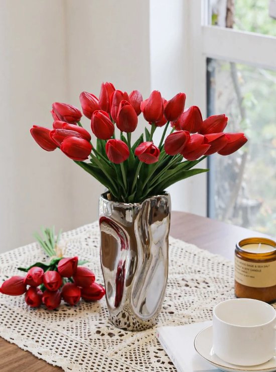 Real Touch Tulips - Rood - Real Touch Tulpen - Red - Tulpen - Kunstbloemen - Kunst Tulpen - Kunst Boeket - Tulp - 36 CM - Zijden Bloemen - Latex Bloem - Bruiloft - Voorjaar - Lente