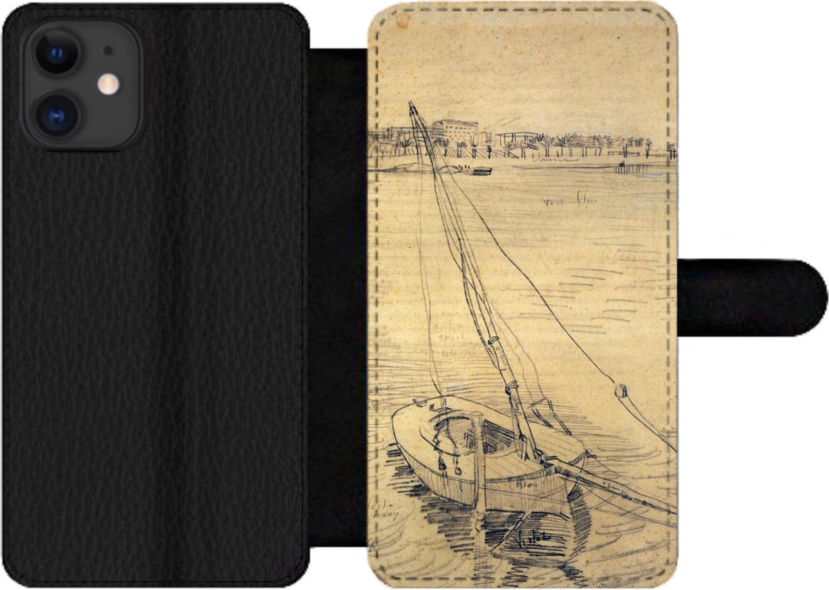 Telefoonhoesje Geschikt voor iPhone 12 Pro telefoonhoesje - Zeilboot op de Seine bij Asnières - Vincent van Gogh - Met vakjes - Wallet case met magneetsluiting