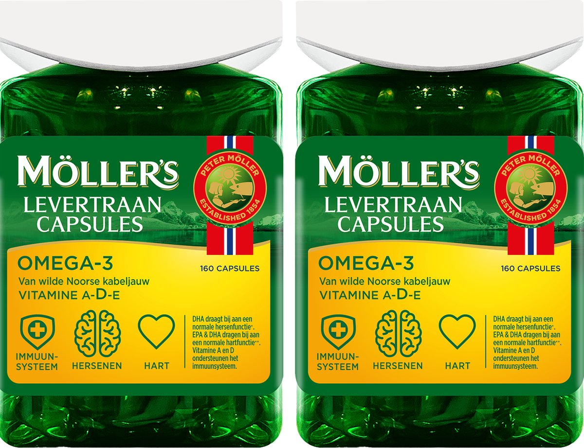 Goedkoopste Möller’s Omega-3 Levertraan - 2 x 160 capsules - Omega-3 capsules – Levertraancapsules – Levertraan met vanillesmaak