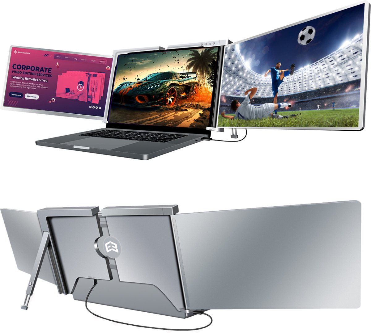 E3 Tri-screen - Portable Monitor -Beeldscherm - Monitoren - Inclusief Beschermhoes - 1 Cable-Model 2023 - Windows/MacOS - 2x 14 Inch Full HD - 1920x1080P - 60 Hz - HDR, IPS en USB C - Laptopscherm: 15