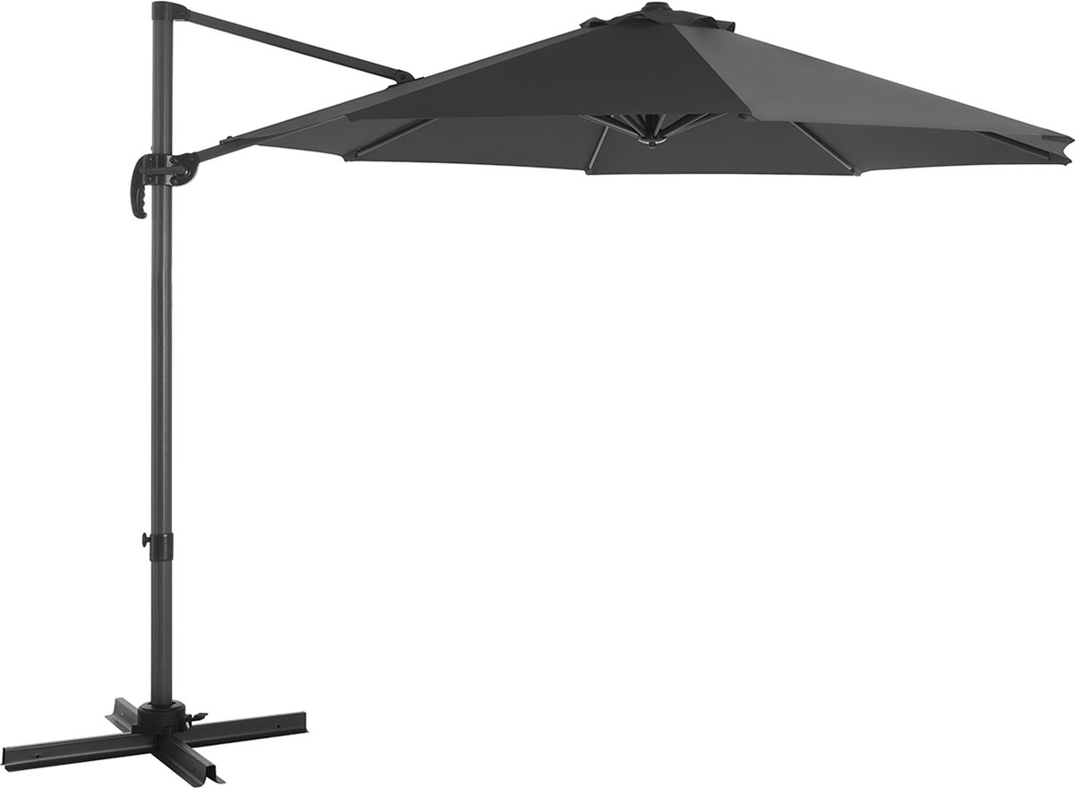 Hangende banaanparasol voor tuinterras met UPF 50+ bescherming, 360° rotatie, verstelbare kanteling en zwengel sluiting.