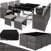 tectake® - outdoor balkon tuinmeubelset, lounge met 6 stoelen, 4 krukken, 1 tafel en beschermhoes, wicker vlechtwerk, weerbestendig, ruimtebesparend - grijs