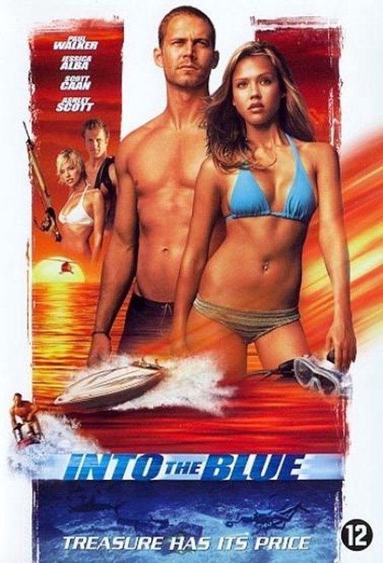 Filmposter met Paul Walker en Jessica Alba, beiden in zwemkleding, op een boot in de oceaan. Tekst: Into the Blue.