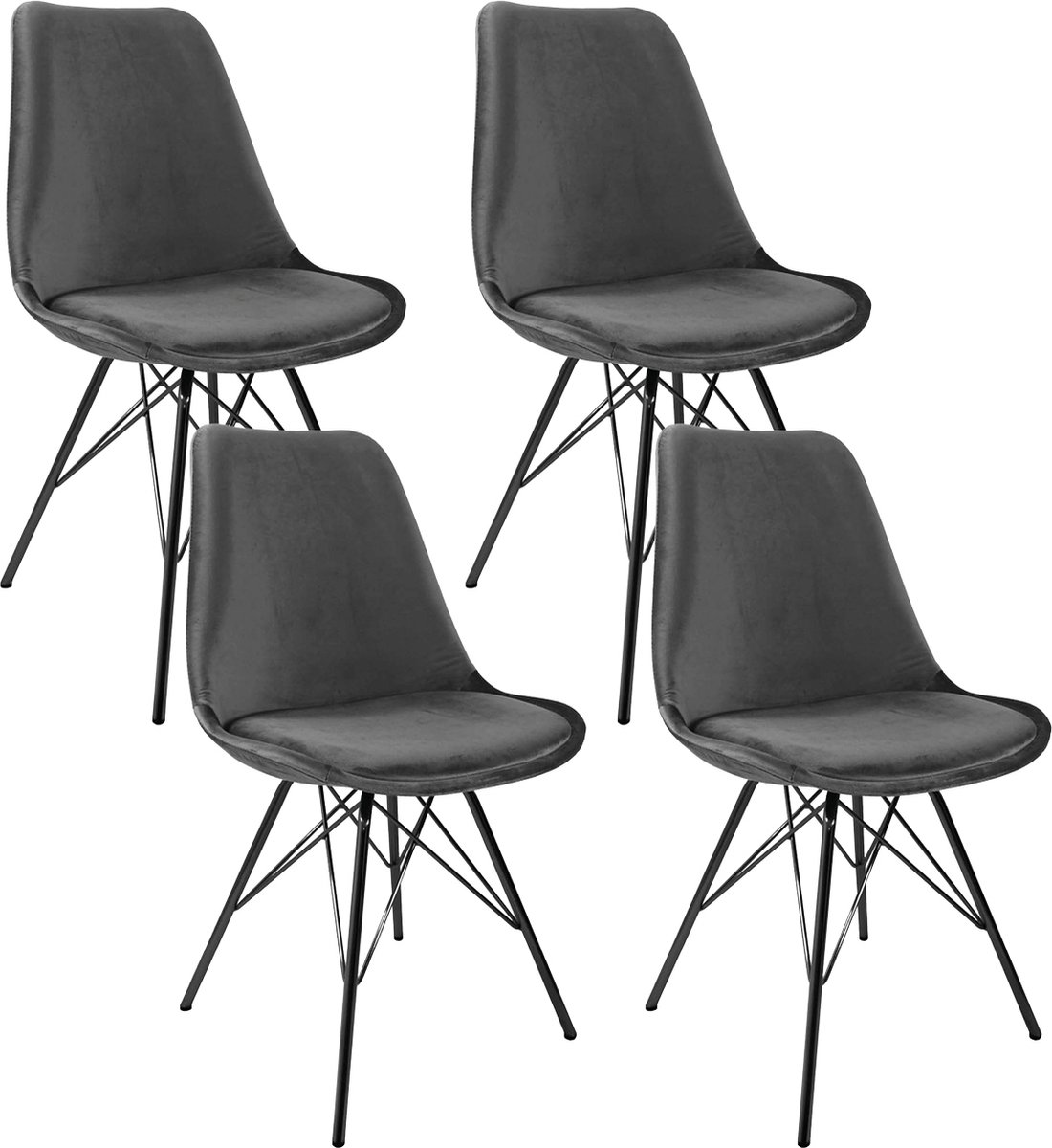 Kick Collection KICK® VELVET Kuipstoelen Donkergrijs – Set van 4 – Eetkamerstoelen – Velvet – Zwart Frame